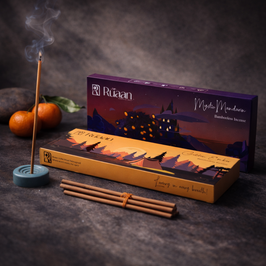 Incense sticks with packaging and a pumpkin on a dark surface
