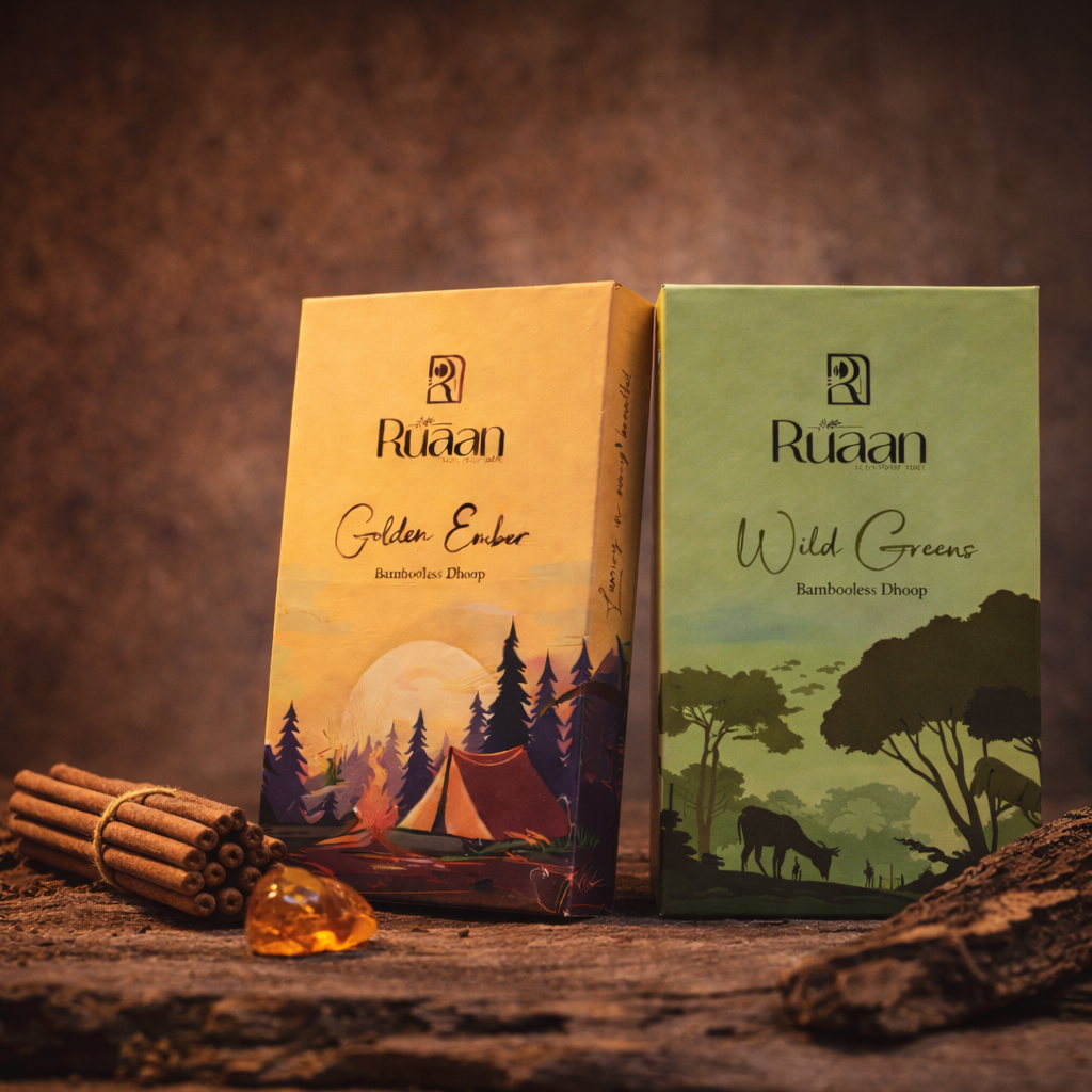 Two Ráñan product boxes, one labeled 'Golden Ember' and the other 'Wild Greens', with cinnamon sticks and amber on a wooden surface.