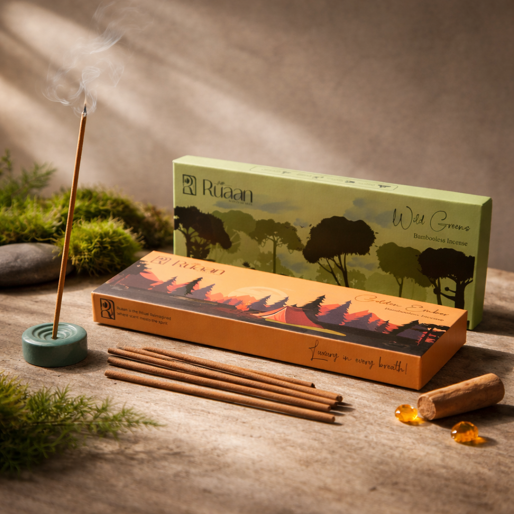 Incense sticks with a lit incense stick, packaging, and decorative elements on a wooden surface.
