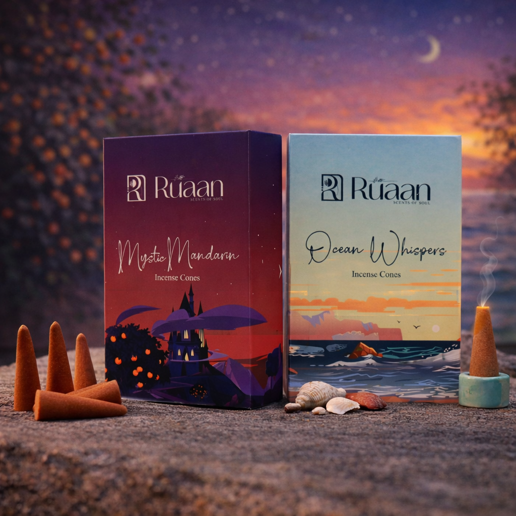 Two boxes of Ruaan incense cones with cones on a beach-themed background