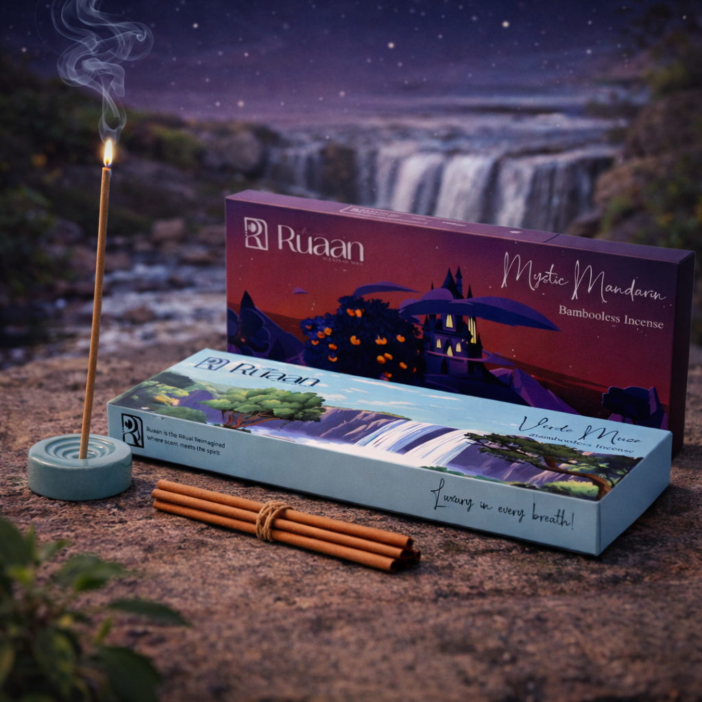 Ráñn incense sticks and packaging with a scenic background