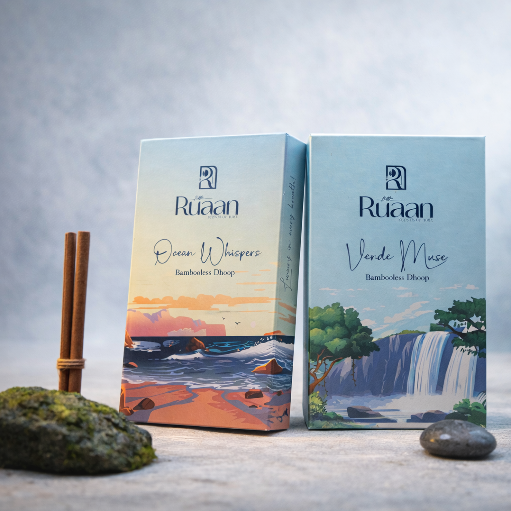 Two Rößan bamboo incense boxes with scenic illustrations on a neutral background.