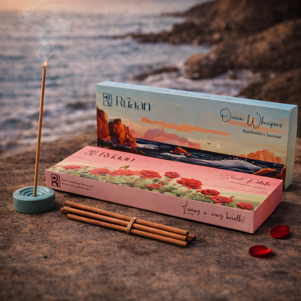 Incense sticks and packaging with scenic design on a beach.