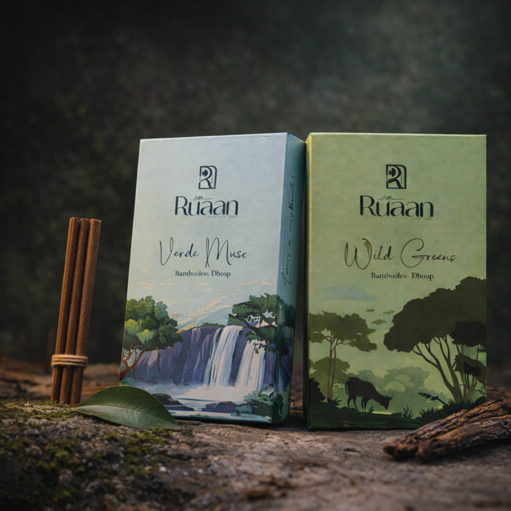 Two boxes of Rößan with nature-themed designs on a dark background
