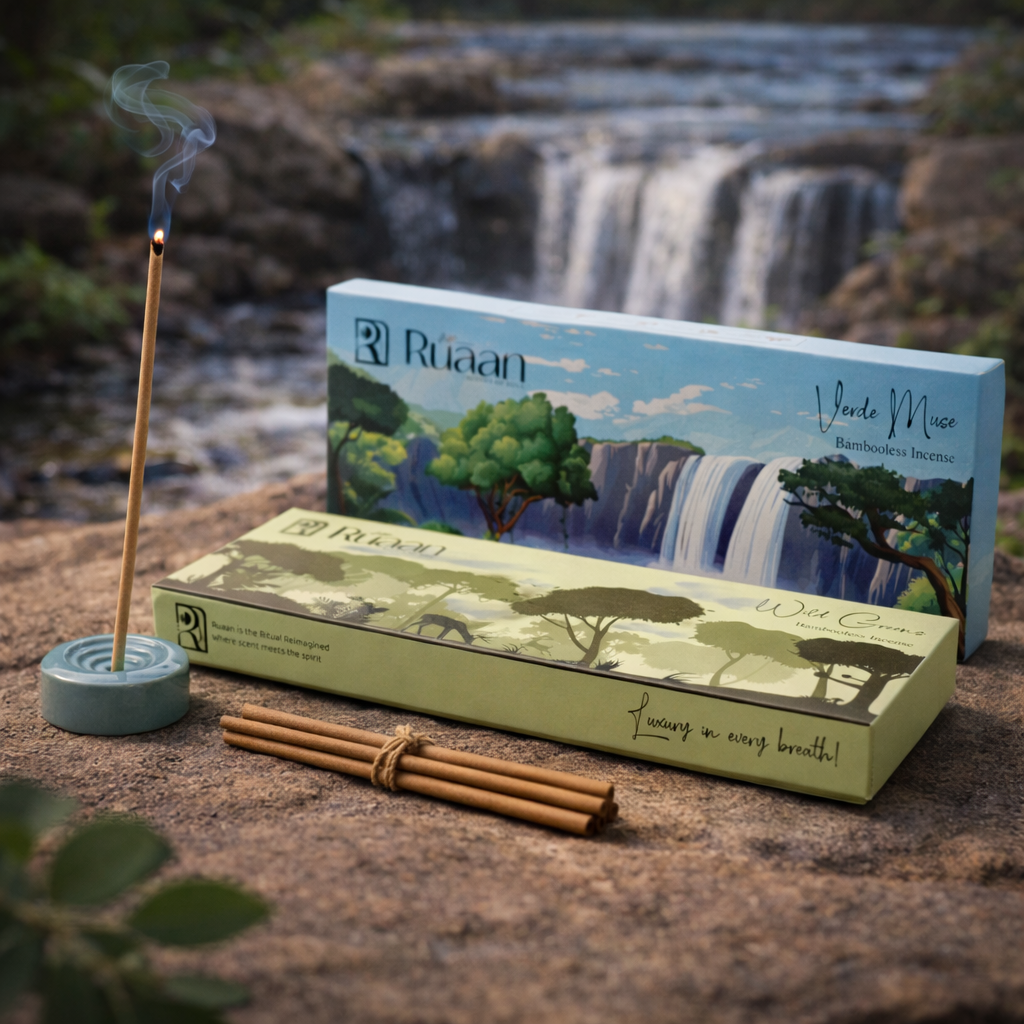 Riiaan incense packaging with incense sticks and a lighter in front of a waterfall.